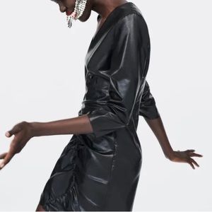 ZARA Black Vegan Leather 3/4 Sleeves Ruched Dress